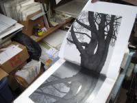Printing an image of the Promontory Pine on the etching press.